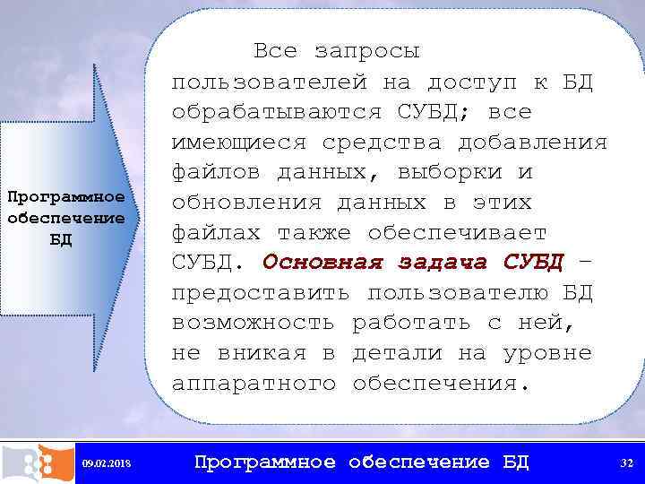 Программное обеспечение БД 09. 02. 2018 Все запросы пользователей на доступ к БД обрабатываются