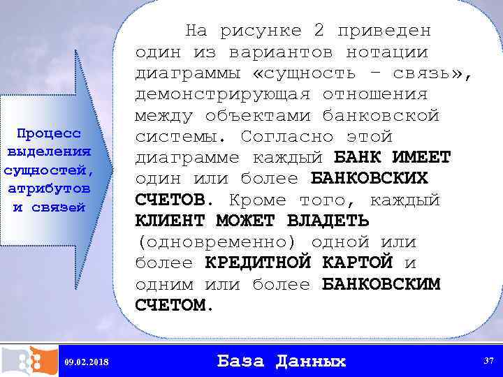 Процесс выделения сущностей, атрибутов и связей 09. 02. 2018 На рисунке 2 приведен один