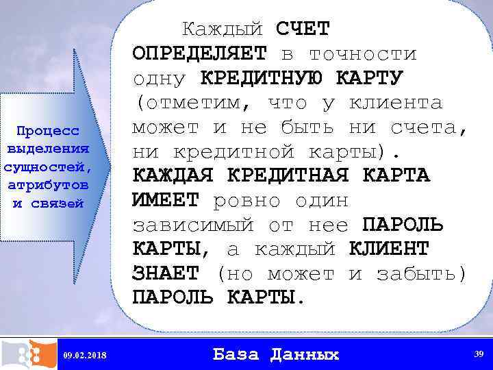 Процесс выделения сущностей, атрибутов и связей 09. 02. 2018 Каждый СЧЕТ ОПРЕДЕЛЯЕТ в точности