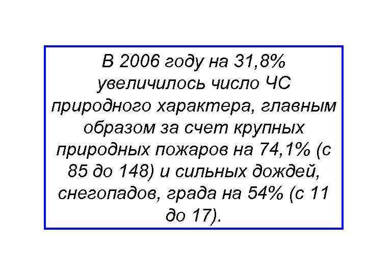 В 2006 году на 31, 8% увеличилось число ЧС природного характера, главным образом за