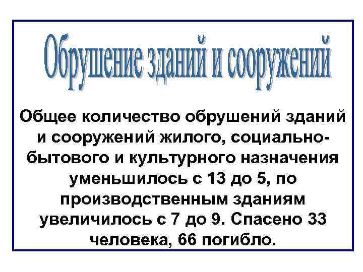 Общее количество обрушений зданий и сооружений жилого, социальнобытового и культурного назначения уменьшилось с 13
