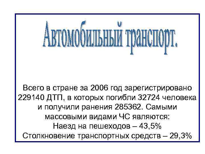 Всего в стране за 2006 год зарегистрировано 229140 ДТП, в которых погибли 32724 человека