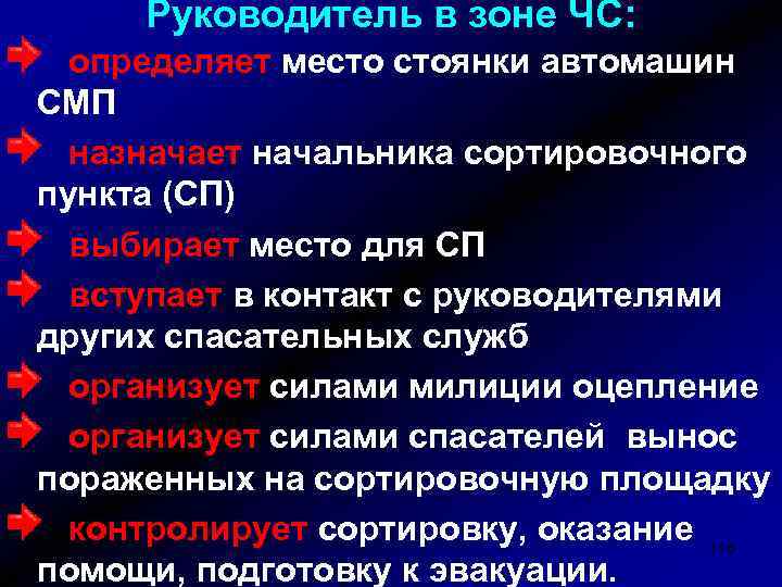 Руководитель в зоне ЧС: определяет место стоянки автомашин СМП назначает начальника сортировочного пункта (СП)