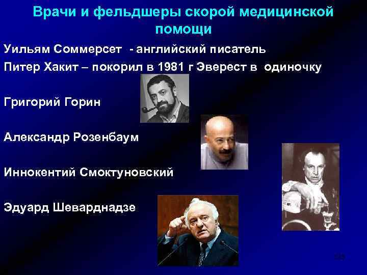 Врачи и фельдшеры скорой медицинской помощи Уильям Соммерсет - английский писатель Питер Хакит –