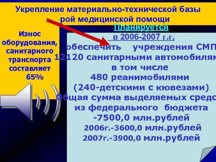 Укрепление материально-технической базы скорой медицинской помощи Планируется Износ в 2006 -2007 г. г. оборудования,