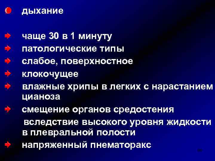 дыхание чаще 30 в 1 минуту патологические типы слабое, поверхностное клокочущее влажные хрипы в