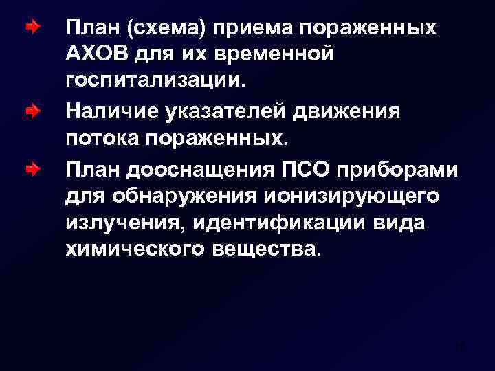 План (схема) приема пораженных АХОВ для их временной госпитализации. Наличие указателей движения потока пораженных.