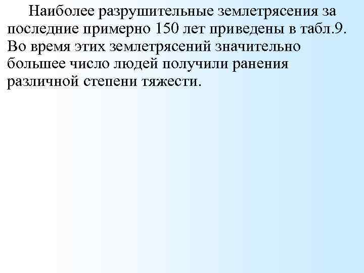 Наиболее разрушительные землетрясения за последние примерно 150 лет приведены в табл. 9. Во время