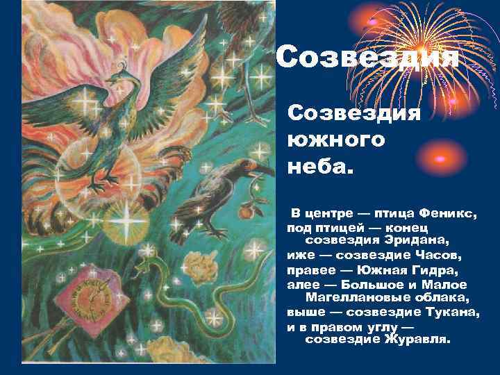Созвездия южного неба. В центре — птица Феникс, под птицей — конец созвездия Эридана,