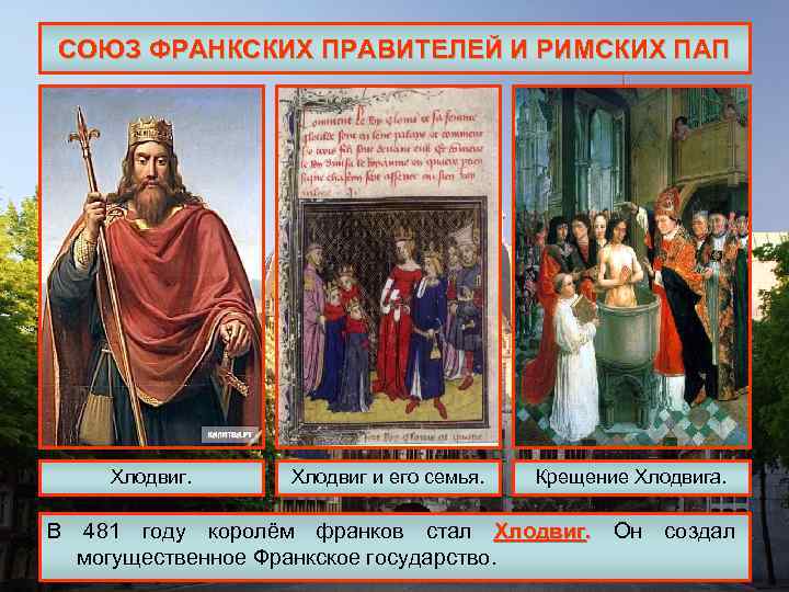 СОЮЗ ФРАНКСКИХ ПРАВИТЕЛЕЙ И РИМСКИХ ПАП Хлодвиг и его семья. Крещение Хлодвига. В 481