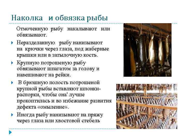 Наколка и обвязка рыбы Отмоченную рыбу накалывают или обвязывают. Неразделанную рыбу нанизывают на крючки