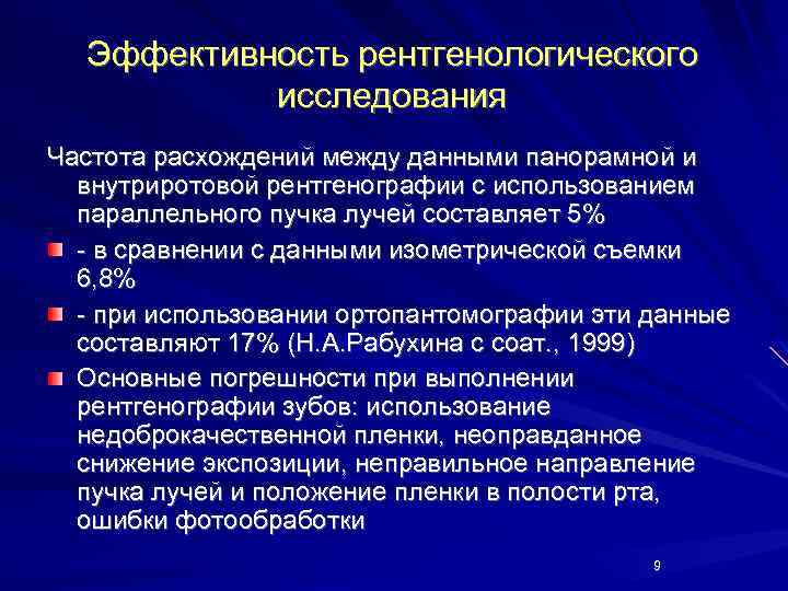 Эффективность рентгенологического исследования Частота расхождений между данными панорамной и внутриротовой рентгенографии с использованием параллельного