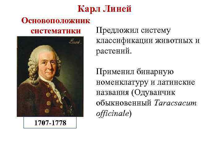 Карл Линей Основоположник Предложил систему систематики классификации животных и растений. Применил бинарную номенклатуру и