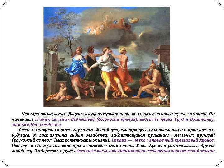 Четыре танцующих фигуры олицетворяют четыре стадии земного пути человека. Он начинает «линию жизни» Бедностью