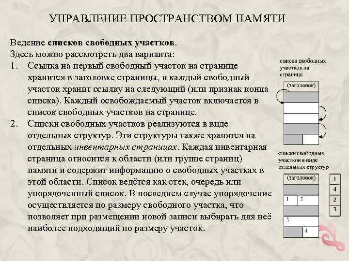 УПРАВЛЕНИЕ ПРОСТРАНСТВОМ ПАМЯТИ Ведение списков свободных участков. Здесь можно рассмотреть два варианта: 1. Ссылка
