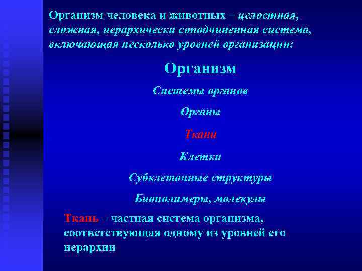 Организм человека и животных – целостная, сложная, иерархически соподчиненная система, включающая несколько уровней организации: