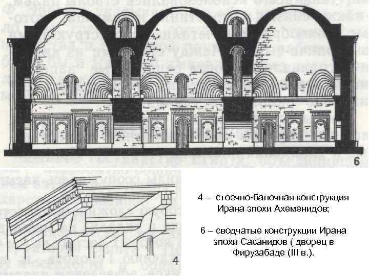 4 – стоечно-балочная конструкция Ирана эпохи Ахеменидов; 6 – сводчатые конструкции Ирана эпохи Сасанидов
