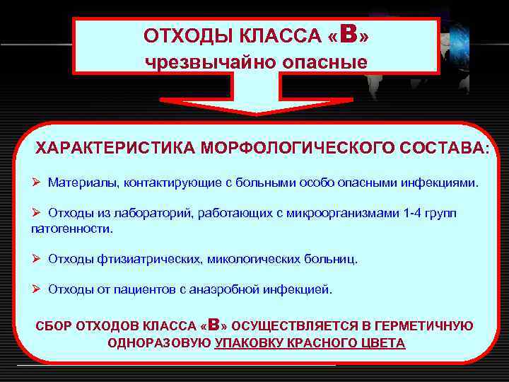 ОТХОДЫ КЛАССА «В» чрезвычайно опасные ХАРАКТЕРИСТИКА МОРФОЛОГИЧЕСКОГО СОСТАВА: Ø Материалы, контактирующие с больными особо