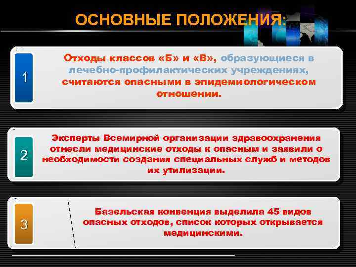 ОСНОВНЫЕ ПОЛОЖЕНИЯ: 1 2 3 Отходы классов «Б» и «В» , образующиеся в лечебно-профилактических