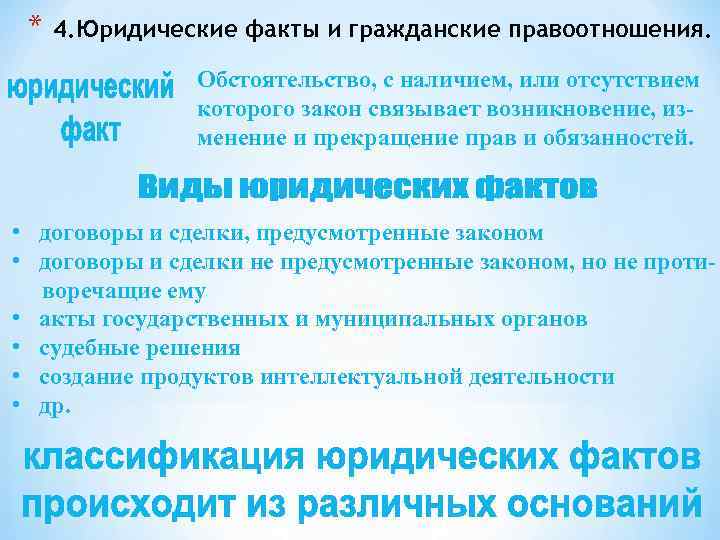 * 4. Юридические факты и гражданские правоотношения. Обстоятельство, с наличием, или отсутствием которого закон
