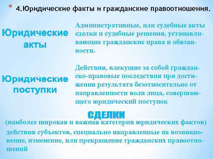 * 4. Юридические факты и гражданские правоотношения. Административные, или судебные акты сделки и судебные