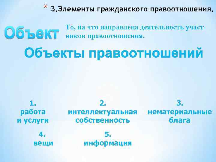 * 3. Элементы гражданского правоотношения. То, на что направлена деятельность участников правоотношения. 1. работа