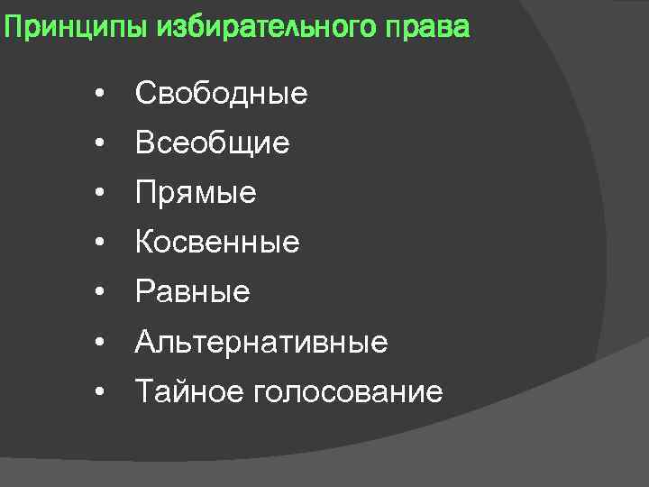 Принципы избирательного права • Свободные • Всеобщие • Прямые • Косвенные • Равные •