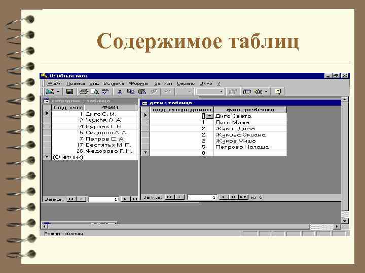 Содержимое таблиц 