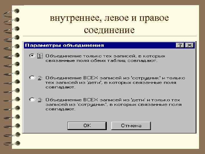 внутреннее, левое и правое соединение 
