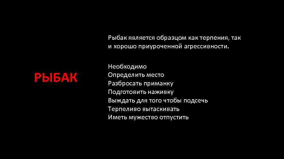 Рыбак является образцом как терпения, так и хорошо приуроченной агрессивности. РЫБАК Необходимо Определить место