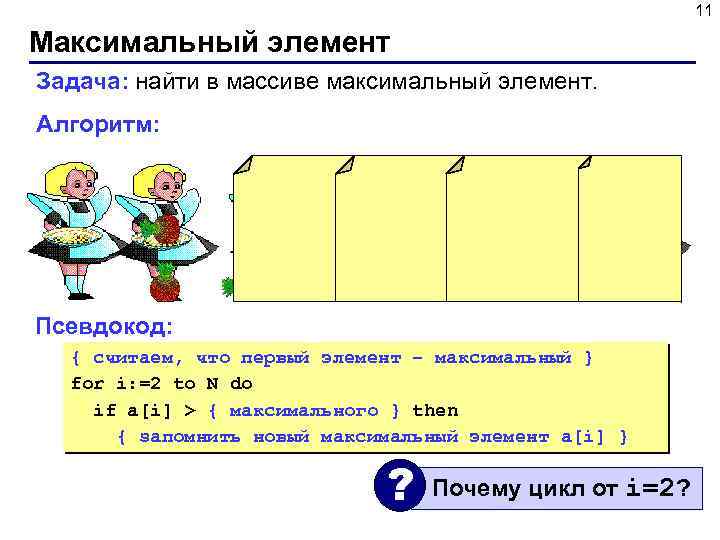 11 Максимальный элемент Задача: найти в массиве максимальный элемент. Алгоритм: Псевдокод: { считаем, что