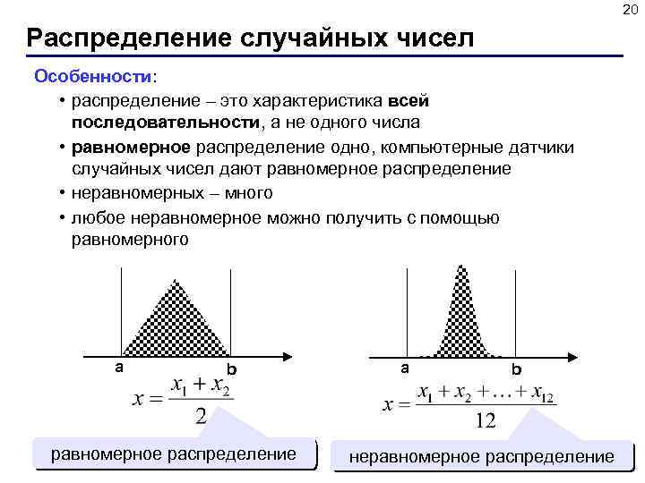 20 Распределение случайных чисел Особенности: • распределение – это характеристика всей последовательности, а не