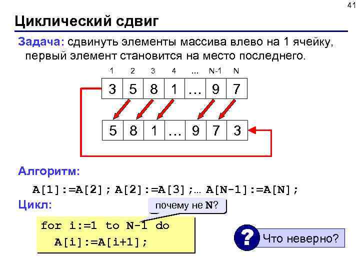 41 Циклический сдвиг Задача: сдвинуть элементы массива влево на 1 ячейку, первый элемент становится