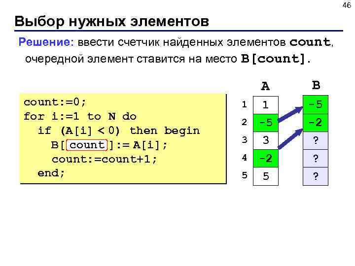 46 Выбор нужных элементов Решение: ввести счетчик найденных элементов count, очередной элемент ставится на