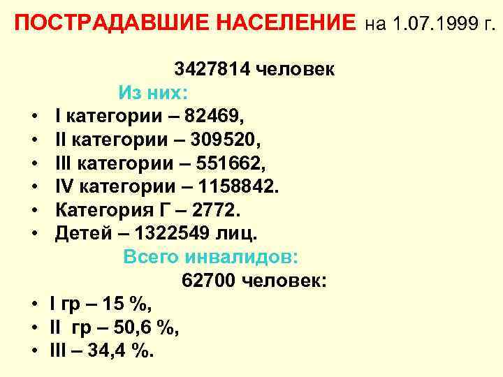 ПОСТРАДАВШИЕ НАСЕЛЕНИЕ на 1. 07. 1999 г. • • • 3427814 человек Из них: