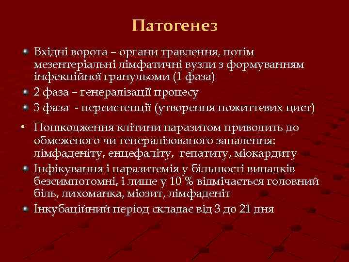 Патогенез Вхідні ворота – органи травлення, потім мезентеріальні лімфатичні вузли з формуванням інфекційної гранульоми