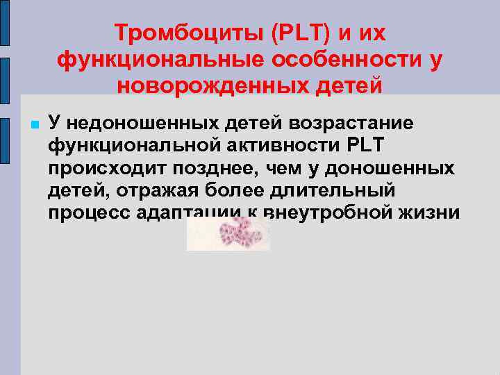Тромбоциты (PLT) и их функциональные особенности у новорожденных детей У недоношенных детей возрастание функциональной