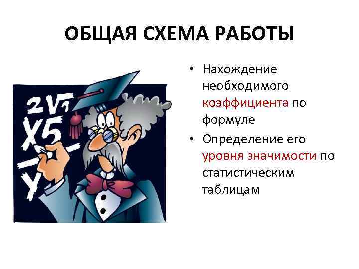 ОБЩАЯ СХЕМА РАБОТЫ • Нахождение необходимого коэффициента по формуле • Определение его уровня значимости