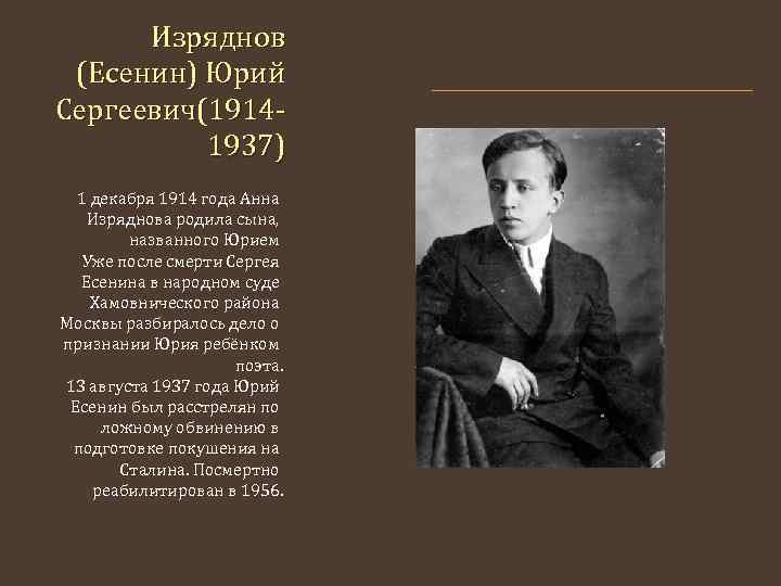 Изряднов (Есенин) Юрий Сергеевич(19141937) 1 декабря 1914 года Анна Изряднова родила сына, названного Юрием