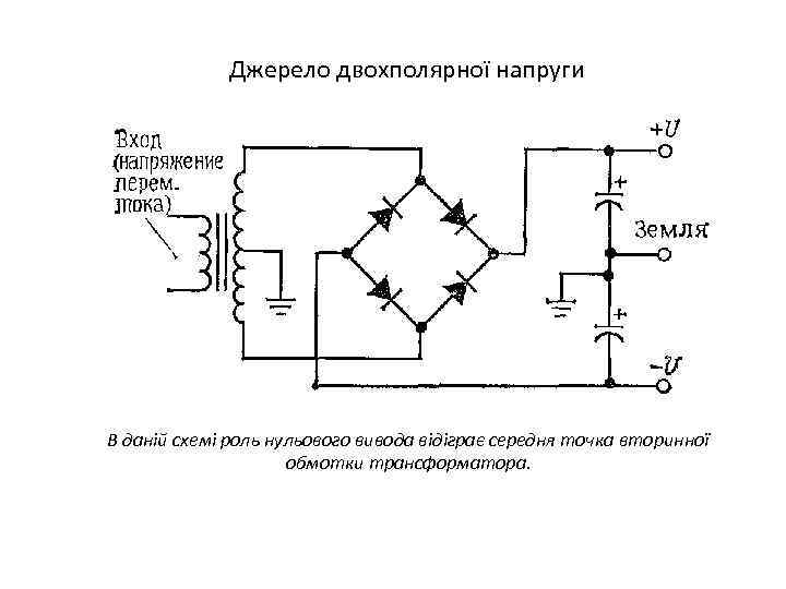 Джерело двохполярної напруги В даній схемі роль нульового вивода відіграє середня точка вторинної обмотки