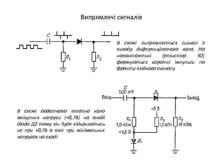 Випрямлячі сигналів В схемі випрямляється сигнал з виходу диференціюючого кола. На навантаженні (резистор R