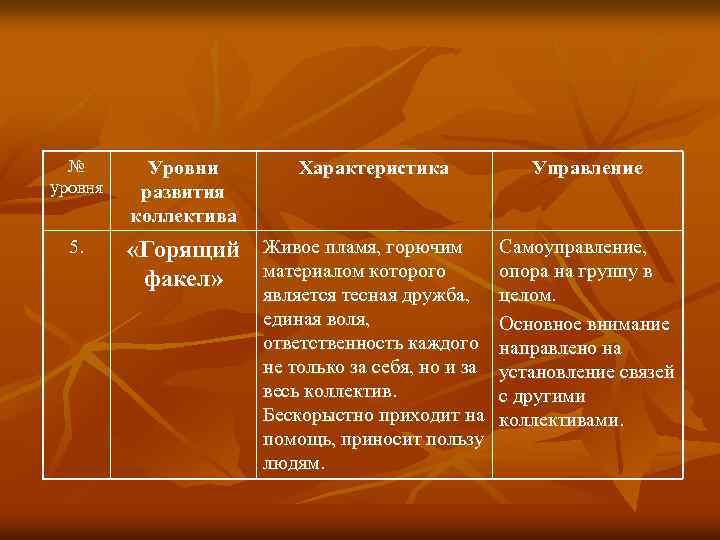 № уровня 5. Уровни развития коллектива Характеристика «Горящий Живое пламя, горючим материалом которого факел»