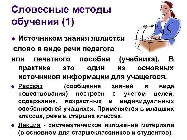 Словесно репродуктивный методы обучения. Словесные методы обучения в педагогике.