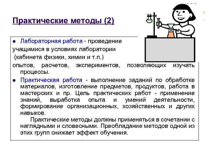 Практические методы (2) Лабораторная работа - проведение учащимися в условиях лаборатории (кабинета физики, химии