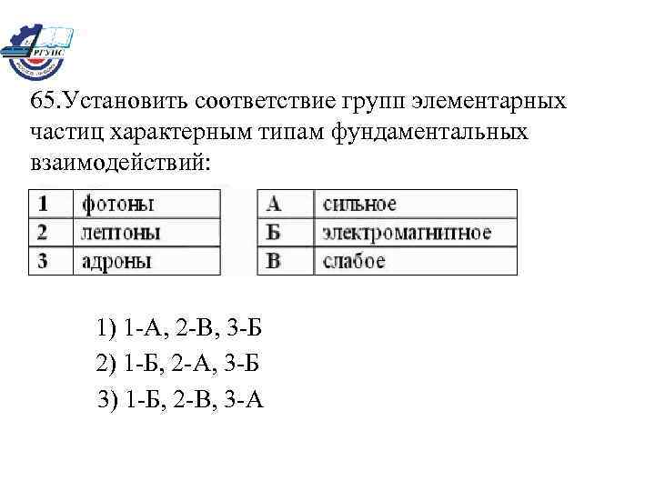 65. Установить соответствие групп элементарных частиц характерным типам фундаментальных взаимодействий: 1) 1 -А, 2