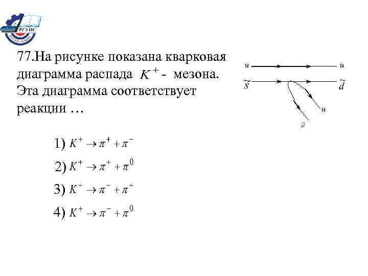 77. На рисунке показана кварковая диаграмма распада - мезона. Эта диаграмма соответствует реакции …