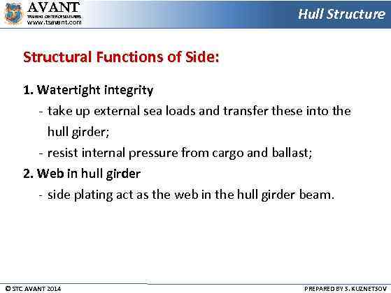 AVANT TRAINING CENTER OF SEAFARERS www. tsavant. com Hull Structure Structural Functions of Side: