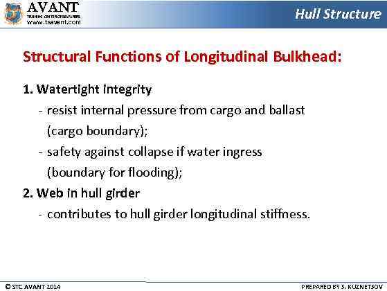 AVANT TRAINING CENTER OF SEAFARERS www. tsavant. com Hull Structure Structural Functions of Longitudinal