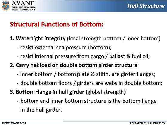 AVANT TRAINING CENTER OF SEAFARERS www. tsavant. com Hull Structure Structural Functions of Bottom: