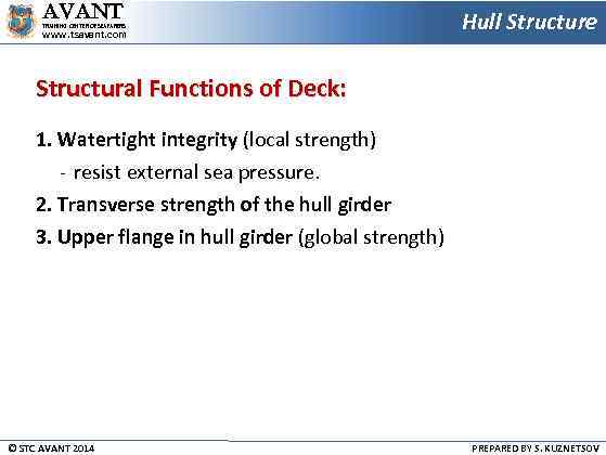 AVANT TRAINING CENTER OF SEAFARERS www. tsavant. com Hull Structure Structural Functions of Deck: